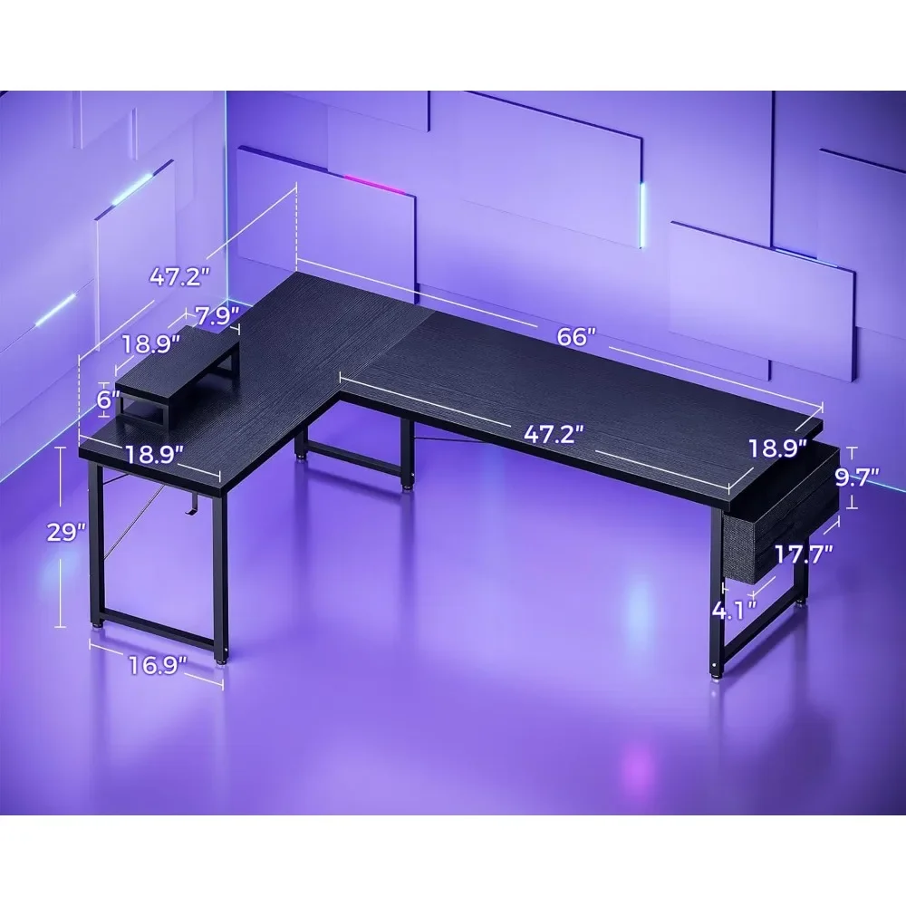 L Shaped Desk, 66" Computer Corner Desk, Gaming Desk, Home Office Writing Desk with Monitor Shelf, Space-Saving Workstation Des