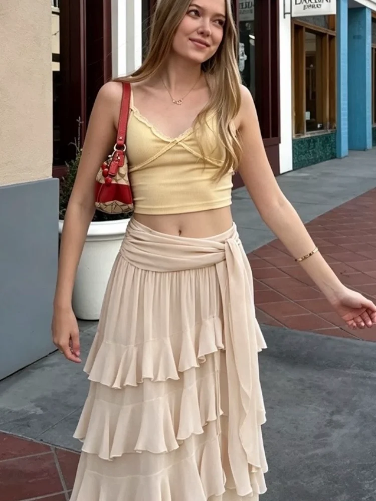Ruffled Tiered Maxi Skirt Waist Tie High Slit Chiffon French Style Flowy Women Skirts 2026 Spring Summer Solid Fashion Outfits