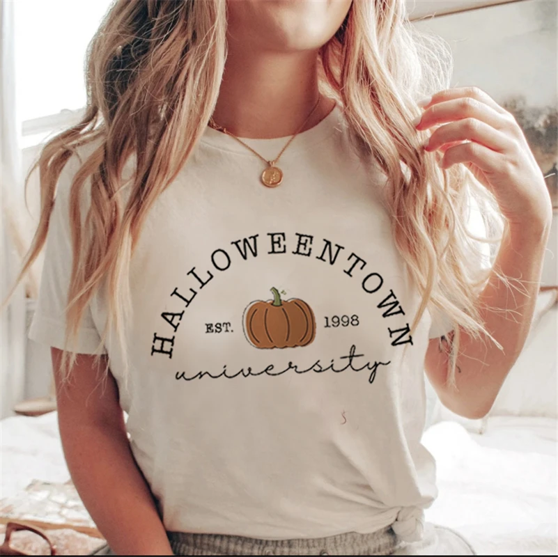 Lettera stampata bianca cartone animato Halloween autunno maglietta casual vestiti tendenza anni '90 donna donna T costume donna stampa grafica925_voghion.com