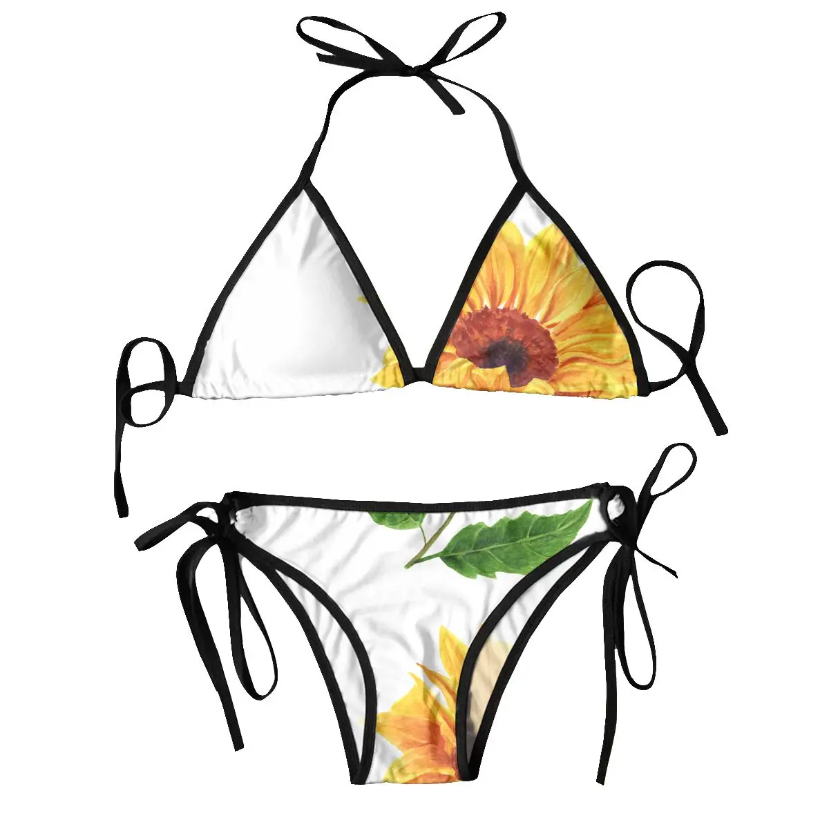 

Женский купальник-бикини с лямкой на шее и зелеными листьями