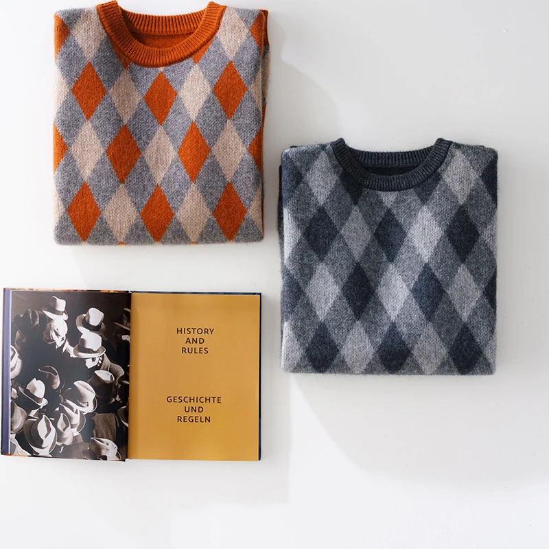 New Men's 100% Pure Cashmere Wool Sweater O-neck Color Matching Pullover Autumn Winter Casual Thick Fashion Large Size Top 5