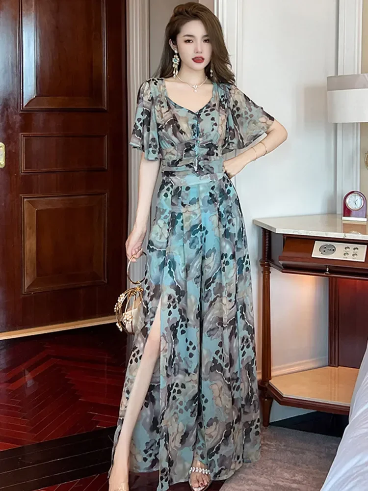 

Elegant 2 Piece Outfits Women Leopard Print Chiffon Short Tops Blouse Femme Wide Leg Split Pants Sets Lady Sexy Holiday Beach