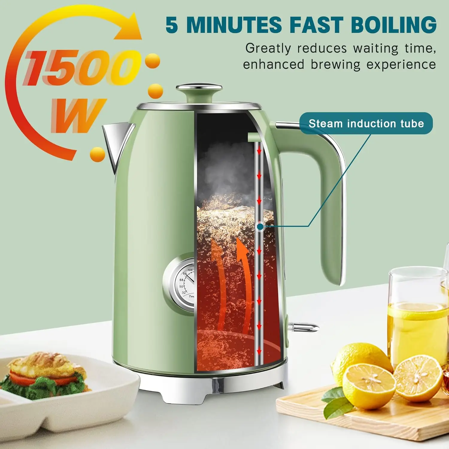 Electric Kettle - 57oz Hot Tea Water Boiler with Thermometer, 1500W Fast Heating Stainless Steel Pot, Cordless LED Indic 4