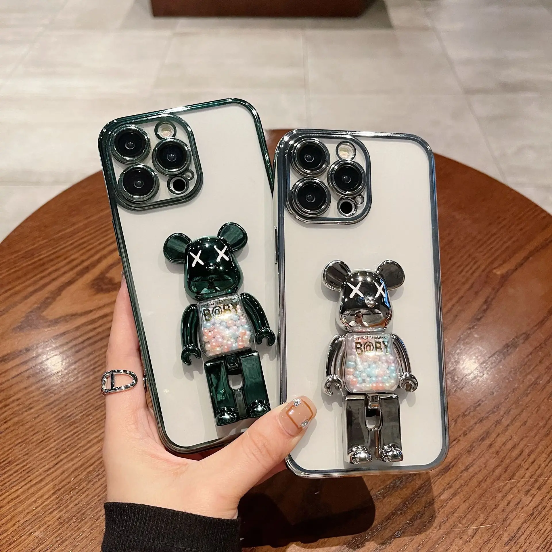 For iPhone 14 Pro Max case creative new candy beads 3D Cute Bear Bracket case iphone 14 13 12 11 electroplated soft shell