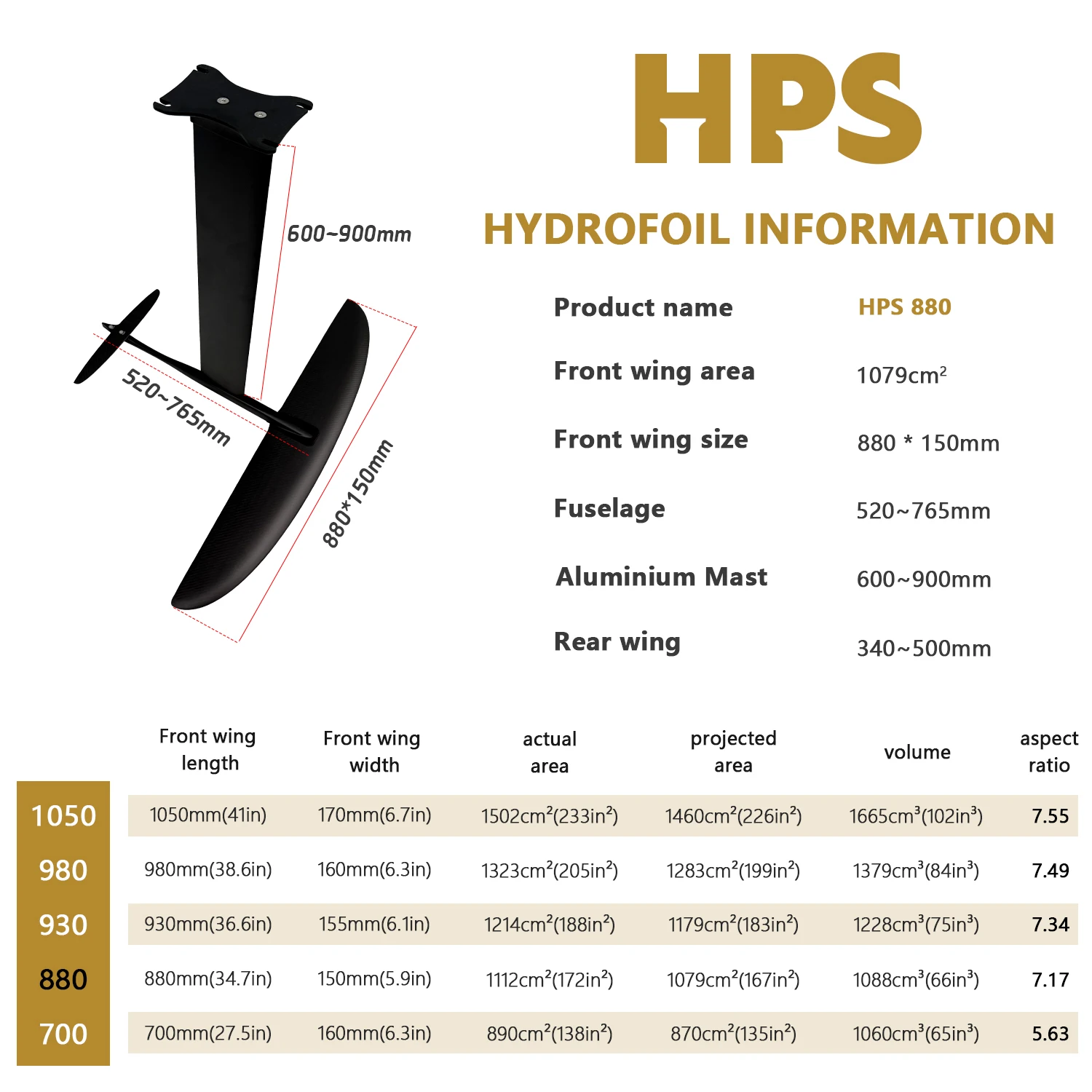 HPS 880 알루미늄 카본 마스트 웨이브 포일 윙 HM UHM 펌핑 웨이브 윙포일 보드 다운윈드 키트 E-포일 서핑 스포츠 하이드로포일
