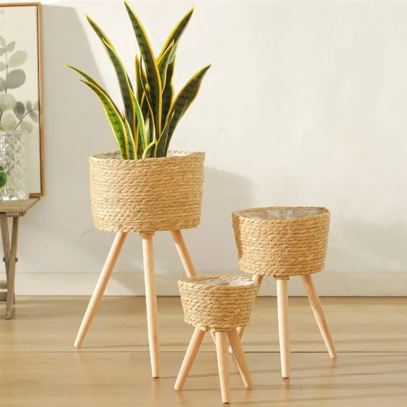 Rustic Wood Woven Floor-Standing Planter with Legs