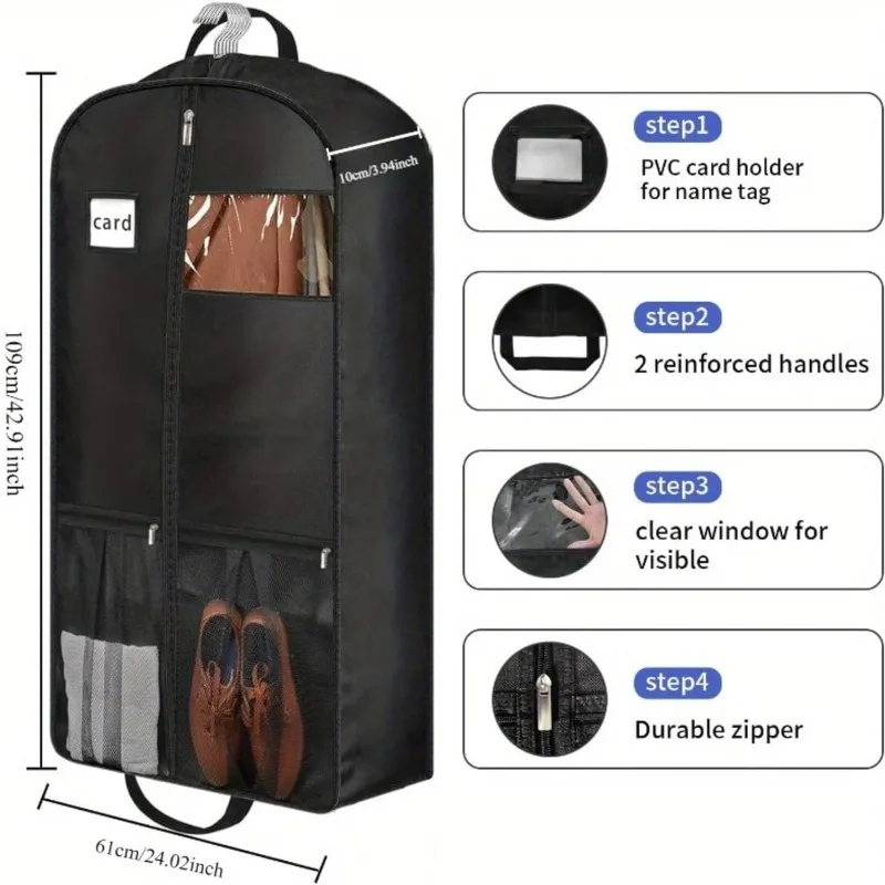 Travel Suit Bag with Zipper Closure Gusseted Hanging Clothes Storage Organizer and Pocket for Shirts Coats Dresses