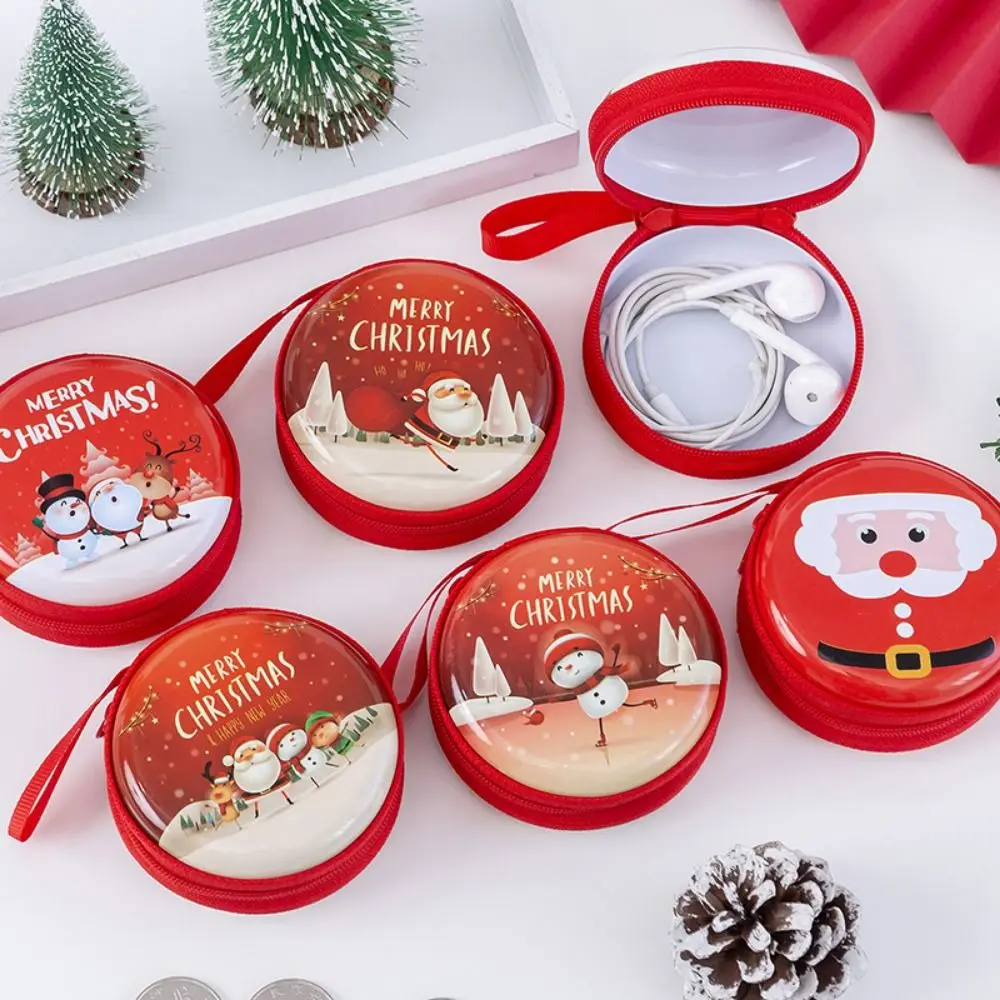 Merry Christmas Ornament Cute Tinplate Coin Purse Mini Wallet Keyrings Red Round Shape Pocket Bags Snowman Elk Santa Claus
