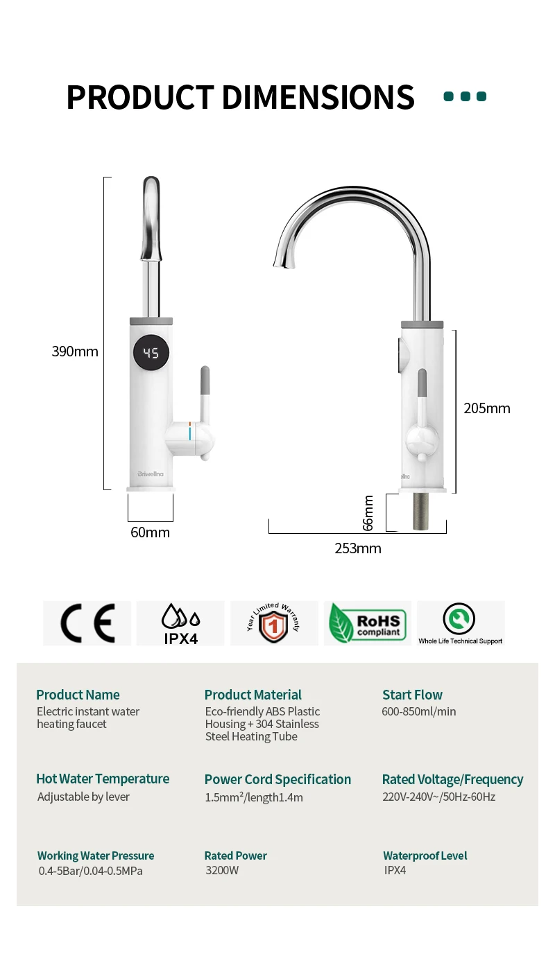 Briwellna aquecedor de água elétrico fluindo 220v