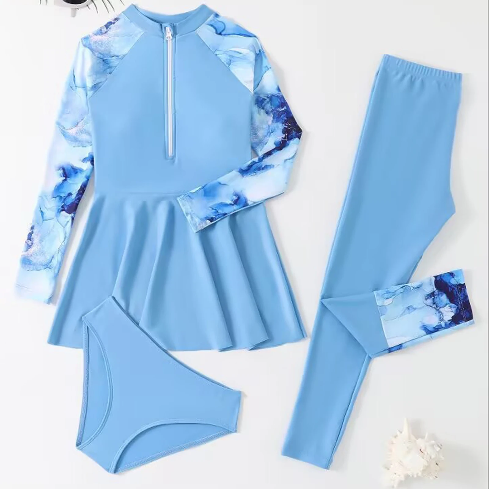 Kinder Mädchen 3-teiliger Rashguard-Badeanzug mit langen Ärmeln, Reißverschluss, Badekleid mit Unterteil und Hose, Set, Sommer-Badeanzug, Badebekleidung – Detail 10