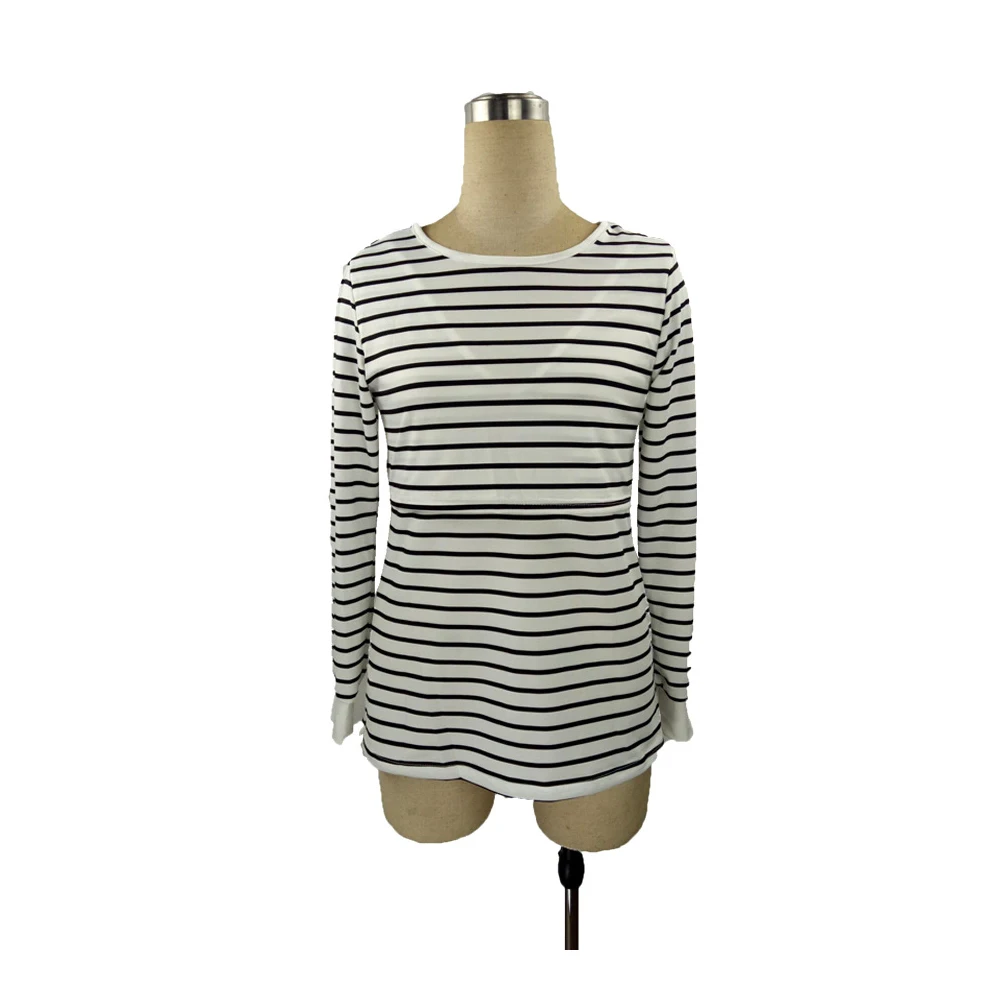 Long Sleeve O-Neck Maternity Cotton Nursing Tees Summer Striped Lactation Tops Postpartum Woman Breastfeeding T-Shirt 4