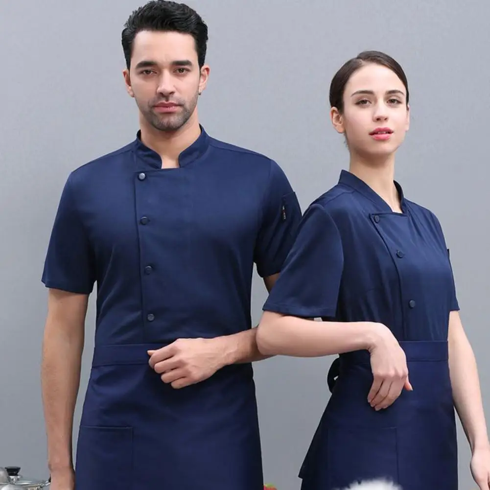 

Unisex Chef Shirt Kitchen Single-breasted Short Sleeve Stand Collar Kitchen Bakery Restaurant Canteen Waiter Top Cook Uniform