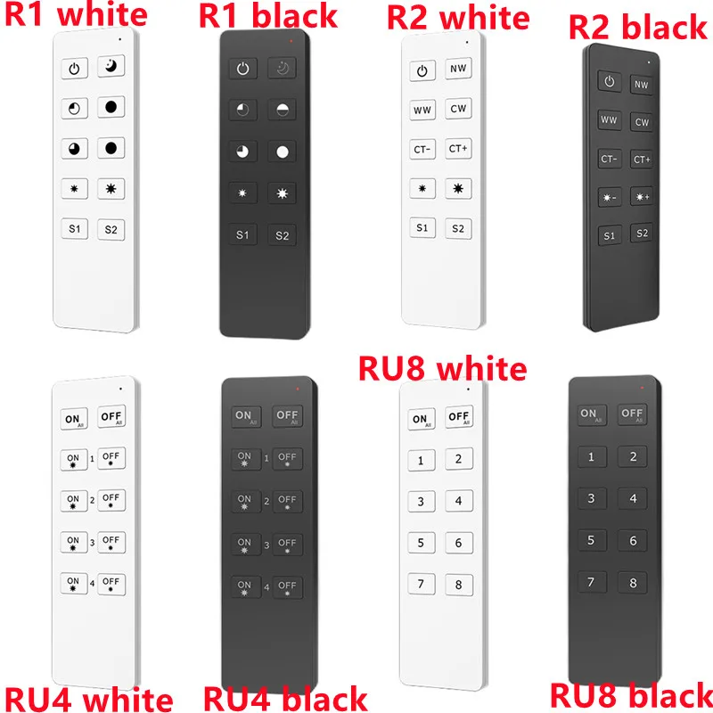 

Контроллер R1 R2 RU4 RU8 RGB + CCT RF светодиодный, подходит для одного, двух цветов, RGB, RGBW, каждый пульт дистанционного управления может совпадать с одним или несколькими приемниками
