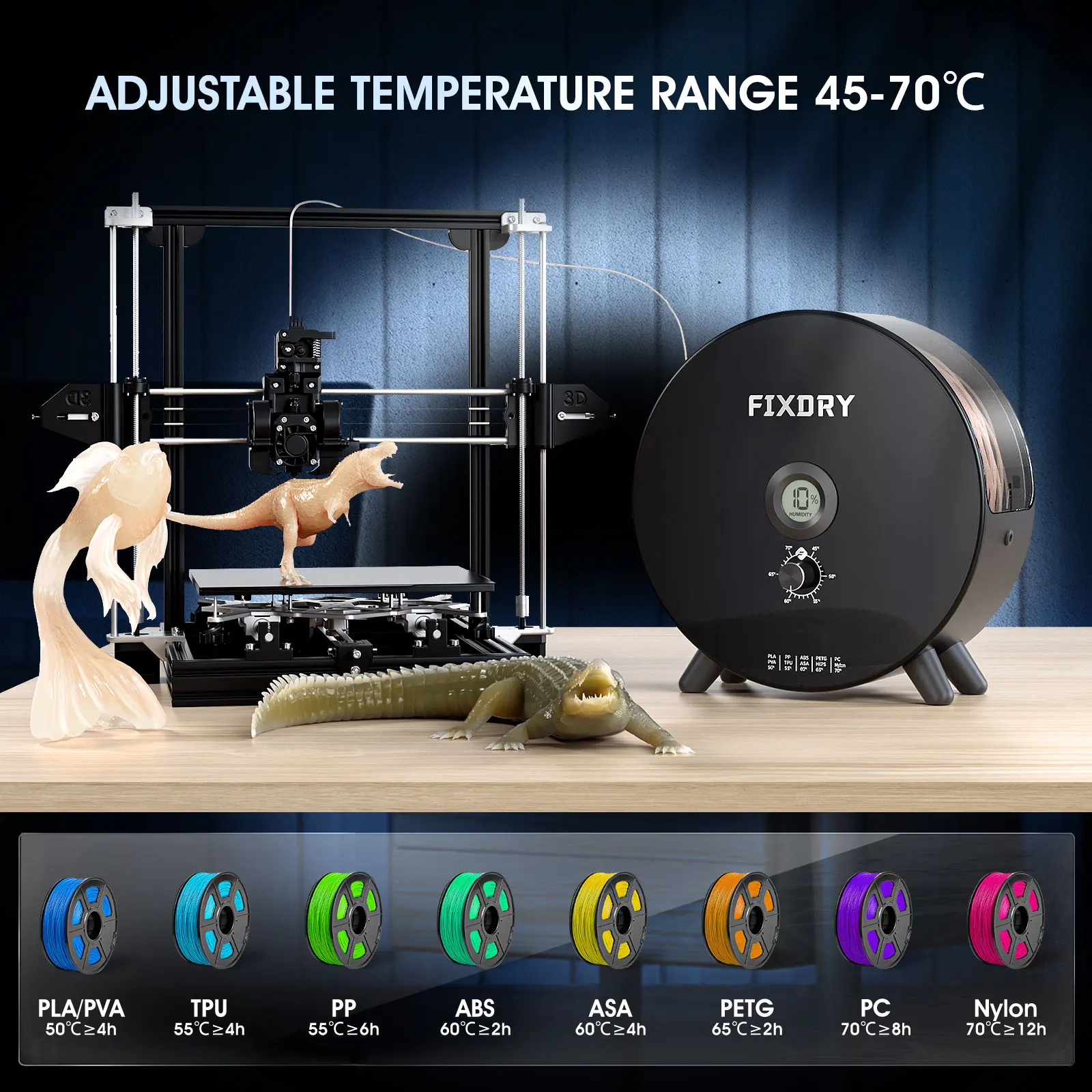 3D Filament Dryer Heating Box Temperature Control Humidity Sensor 1.75/2.85/3.00mm Nylon PLA Drying Filaments Storage Box