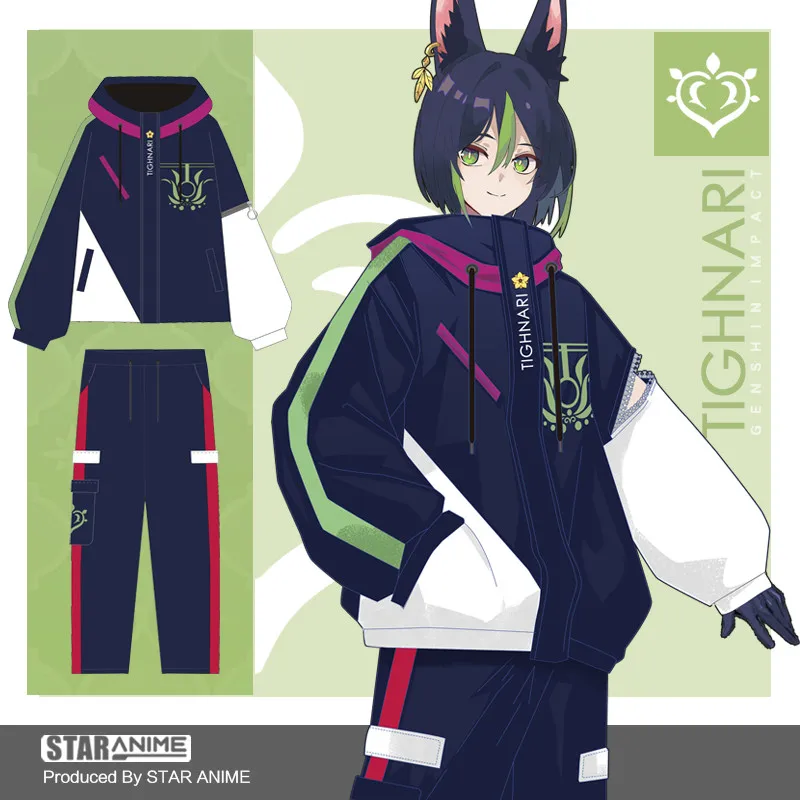 

Game Anime Genshin Impact Cosplay Tighnari Spring Autumn Polyester Fibre Zipper Hooded Daily Casual Coat Trousers Costume