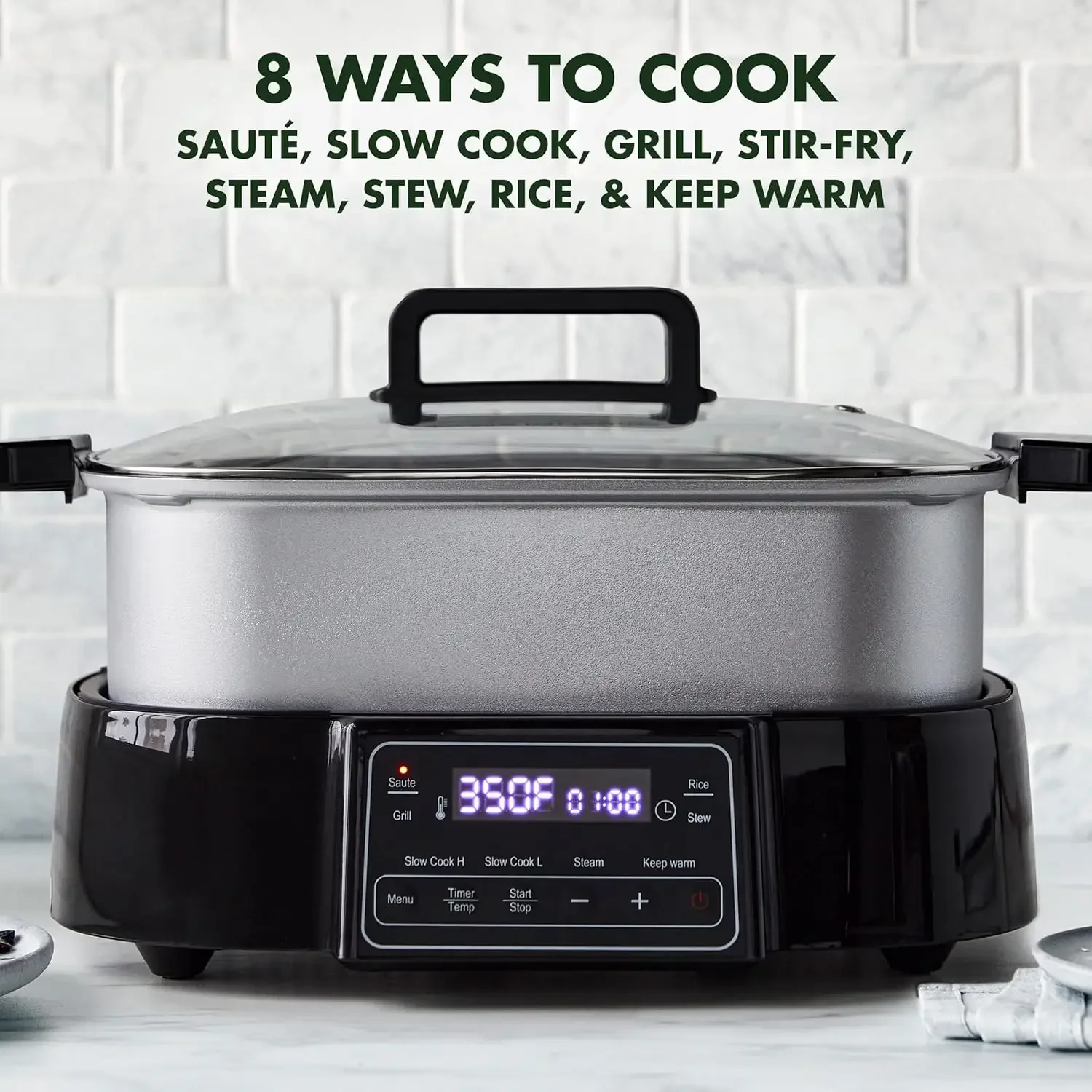 Stainless Steel 8-in-1 Skillet Grill & Slow Cooker, Presets to Saute Steam Stir-Fry and Cook Rice, Healthy Ceramic Nonstick and 2