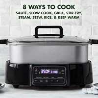 Stainless Steel 8-in-1 Skillet Grill & Slow Cooker, Presets to Saute Steam Stir-Fry and Cook Rice, Healthy Ceramic Nonstick and 2