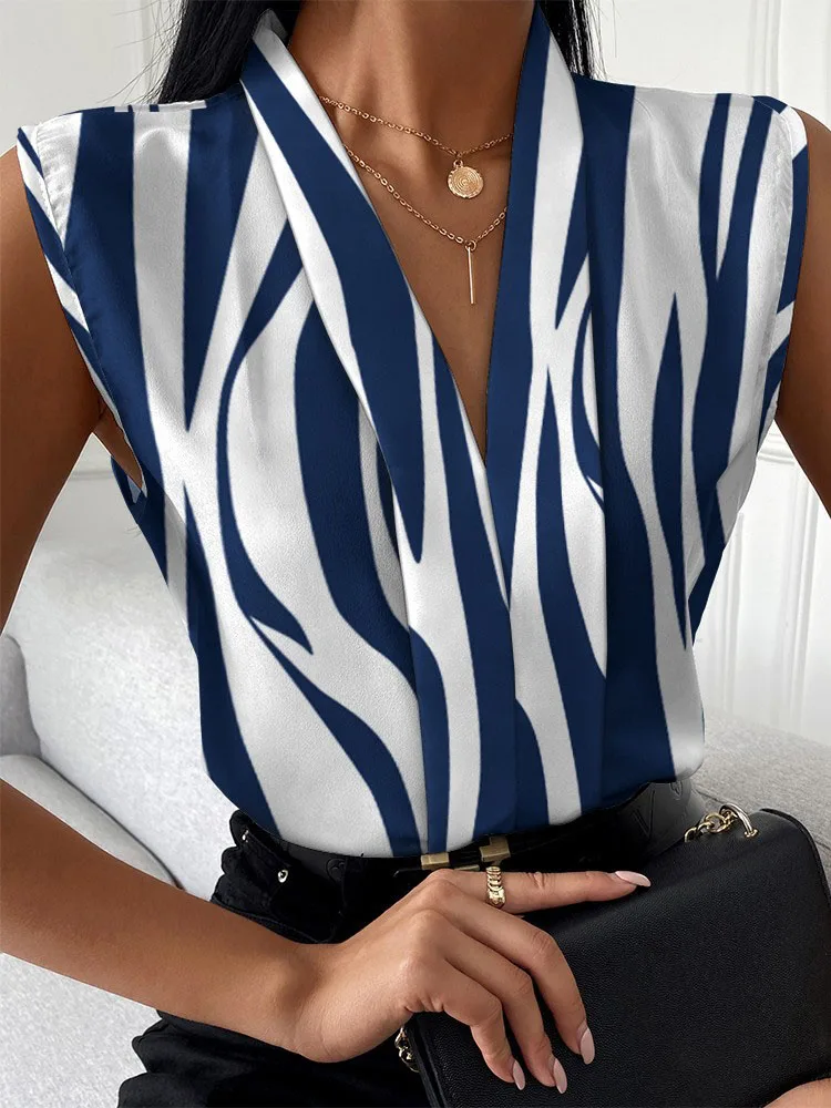 White Blue Striped Sleeveless Blouse Top for Women