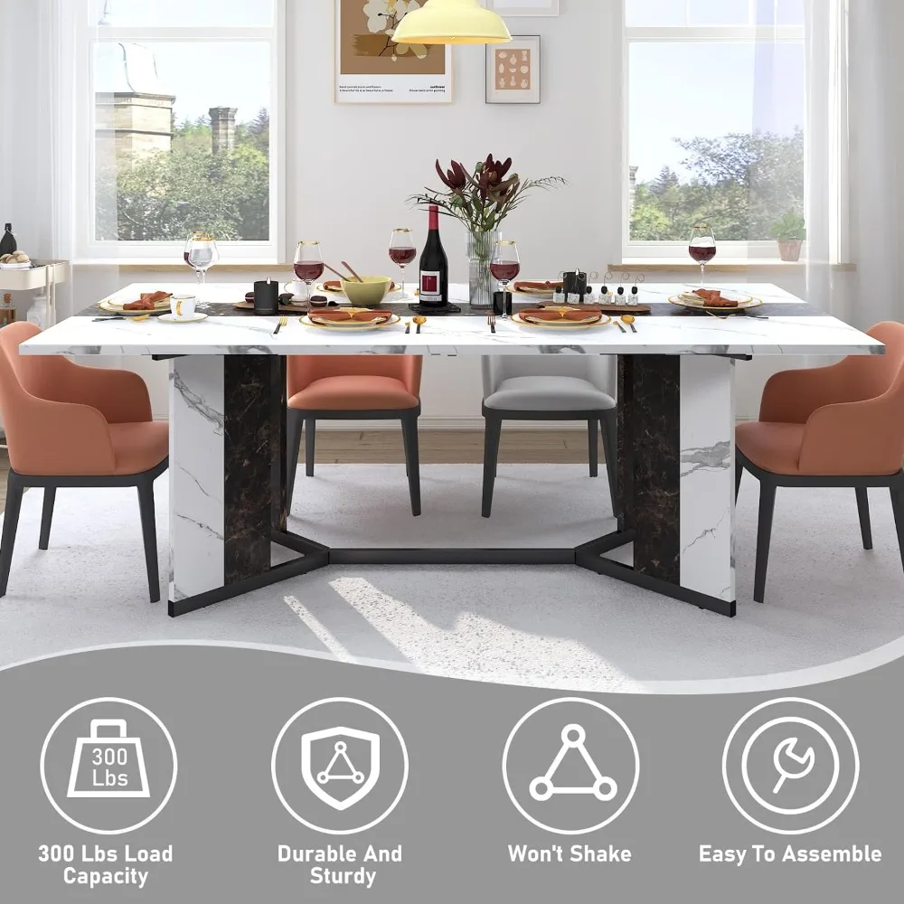 Dining Table Sets,71In Rectangular White Dining Table W/35 Marble-Color Wood Watrproof Tabletop,Living Room Dinings Set