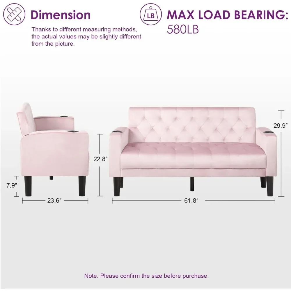 Mid-Century Modern Pink Velvet Loveseat Sofa Set with USB Ports and Cupholders, 3-Piece Living Room Furniture, Ideal for Small S 2