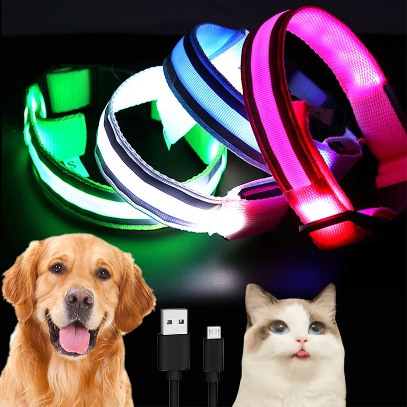

USB Charging LED Dog Collar Luminous For Cat Adjustable Reflective Glowing Durable Rechargeable Nylon Pet Dog Light Night Safety