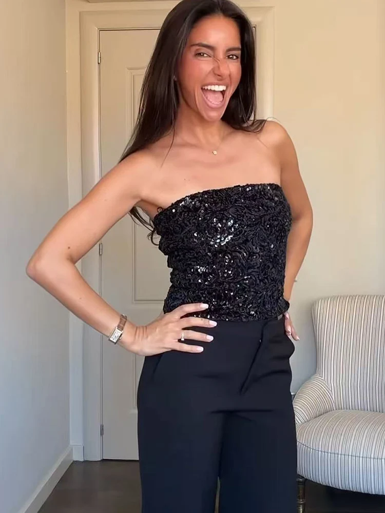 Summer New Women Shining Sequin Camisole Fashion Sexy Slash Neck Tube Tops Fashion Casual Female High Street Strapless Top