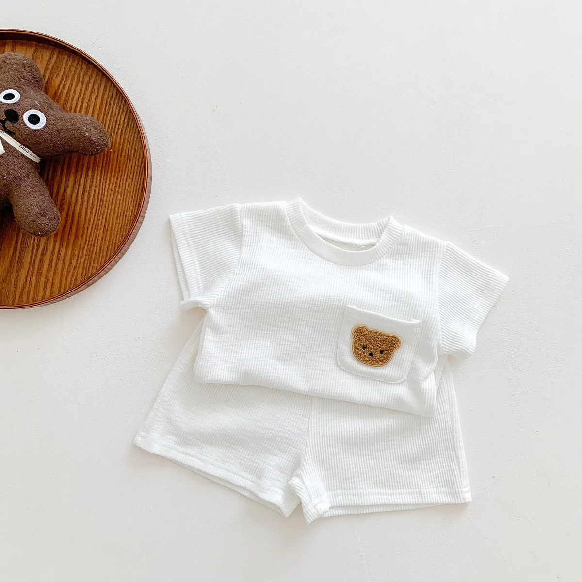 Description Picture 6 of itemSummer Solid Color Tracksuits Boys And Girls T-shirt+Shorts Simple Casual O-neck Tops Toddler New Sets Cute Bear Print Two-piece