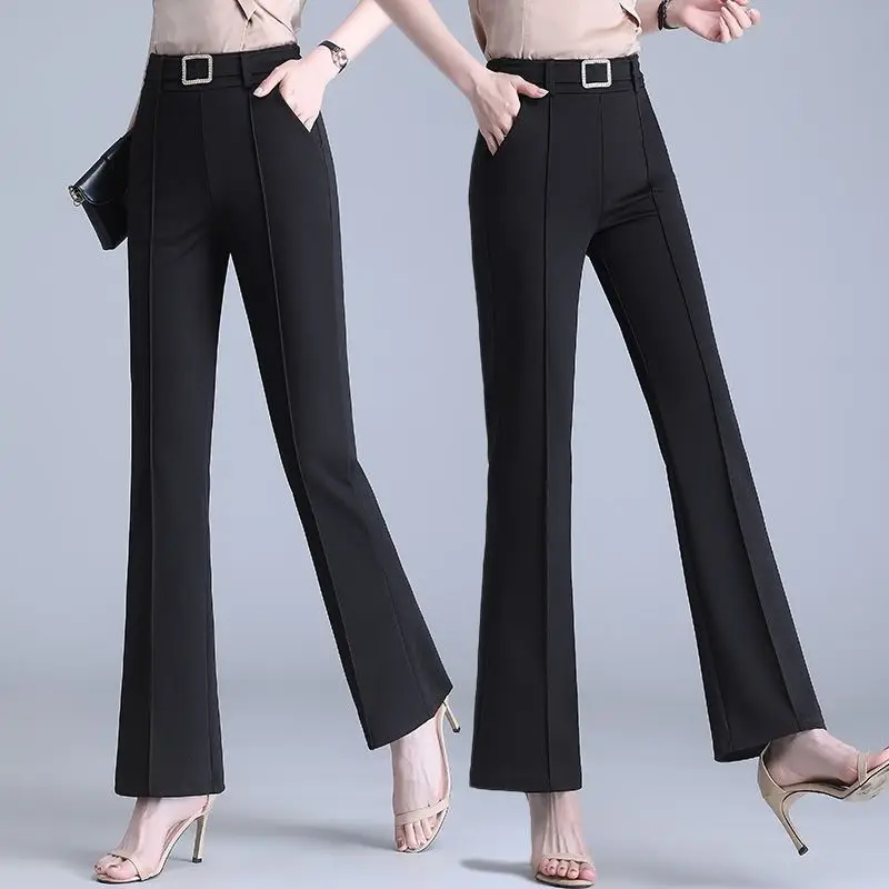 2023 Autumn and Winter Women's High Waist Elastic Patchwork Sashes Pockets Slim Fashion Casual Elegant Commuter Horn Pants