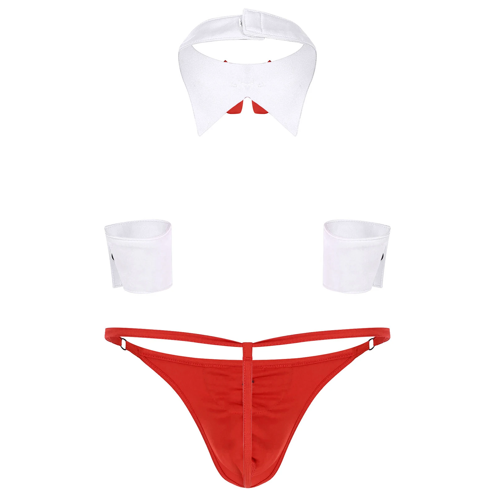 Mens Waiter Tuxedo Sexy Cosplay Outfit Lingerie Open Back Tuxedo G-string Thong Underwear with Bow Tie Collar And Bracelets 3Pcs men costume accessories,men lingerie set