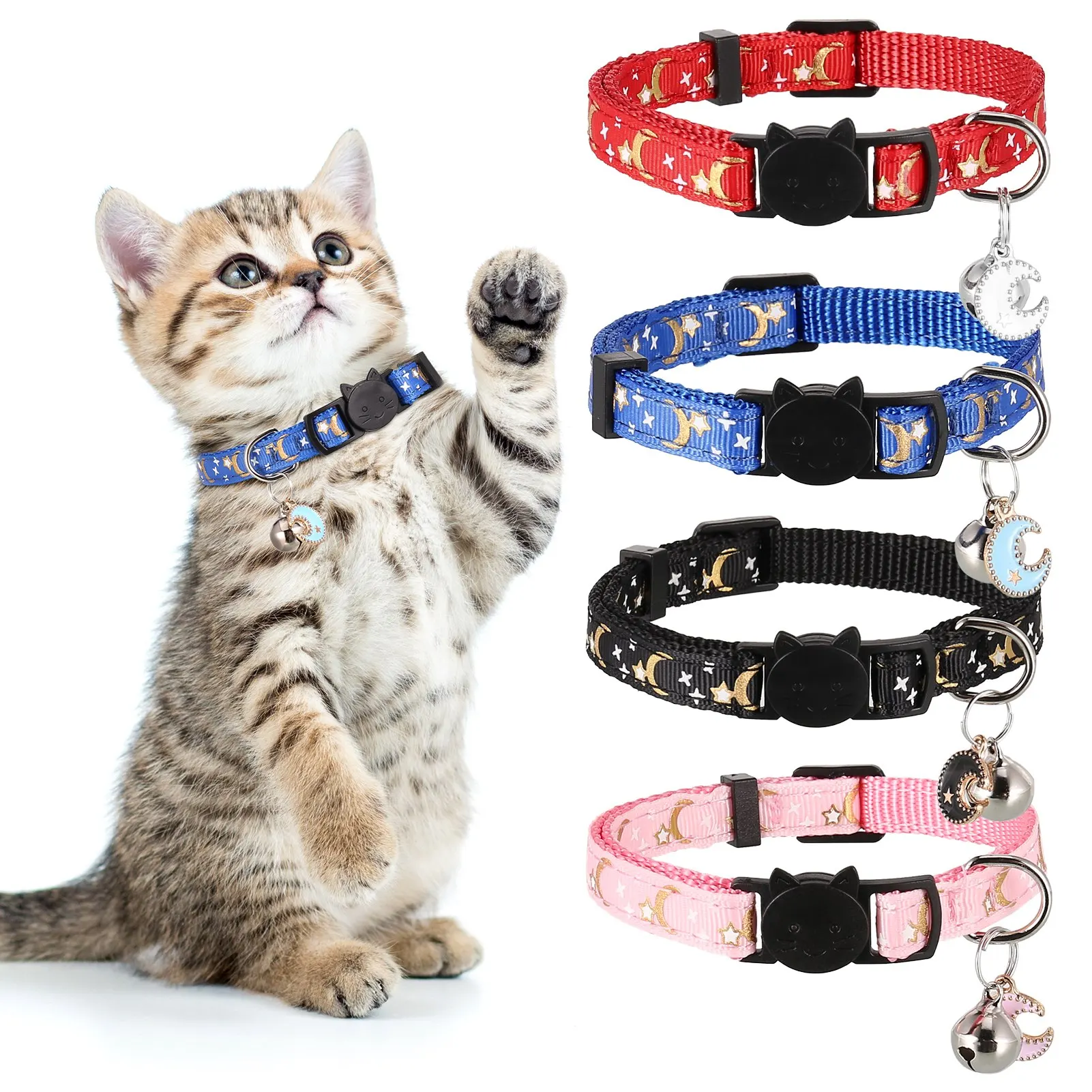 

4Pcs/Set Breakaway Pet Cat Collars Cute Moons Stars Pattern Kitty Collar With Pendant Adjustable Kitten Collars With Bell