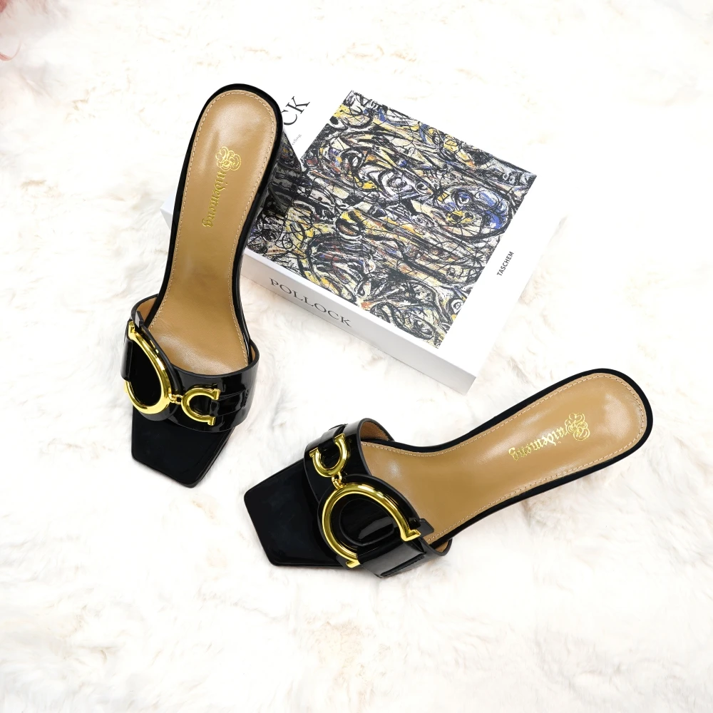 Fashion ladies high heels luxury leather slippers square toe women's shoes suitable for party and banquet slippers size 44