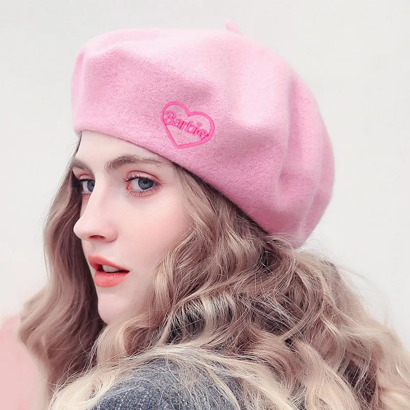 Movie Style Pink Barbie Beret Clothes Accessories Wool Painter Autumn Winter Keep Warm Woolen Hat for Girls Women Decoration