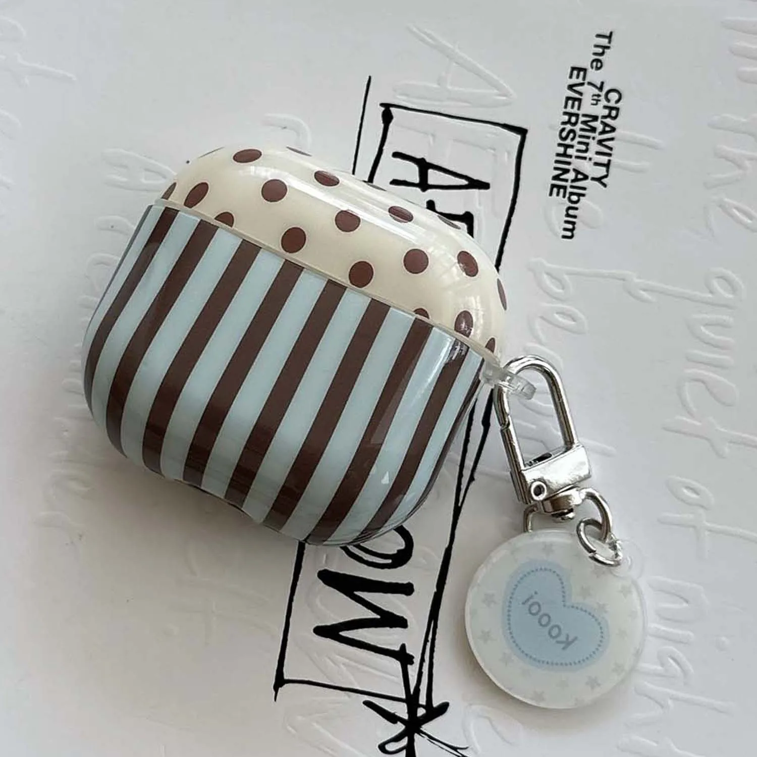 Stripe Design Earphone Case with Cartoon Pendant and Flower Accent for Wireless Bluetooth Charging