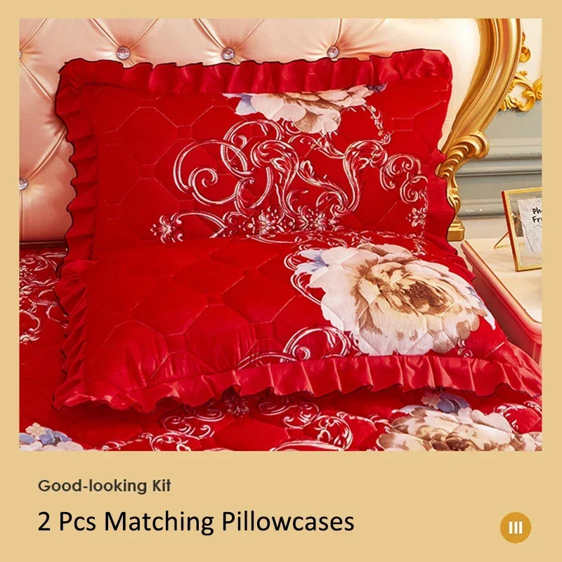 Princess Lace Quilted Bed Sheets Crystal Cute Thick Cotton Warm Velvet Wedding Bedspreads with Skirt King Queen Size bedding set bed skirt