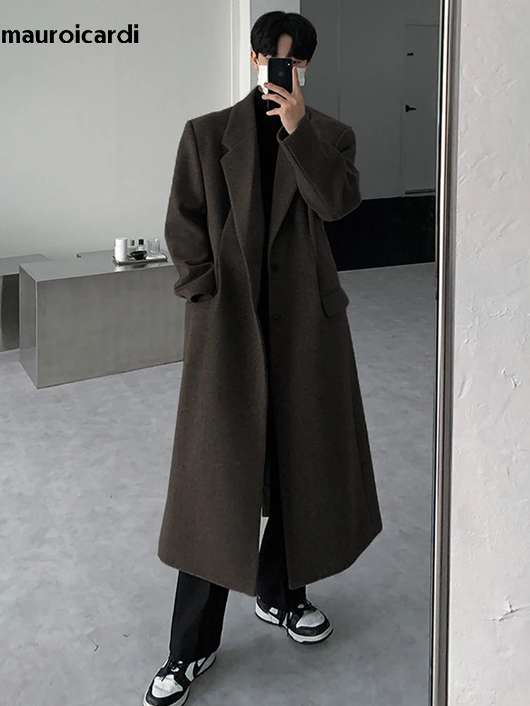 Mauroicardi Autumn Winter Long Thick Warm Soft Fitted Woolen Coat Men Single Breasted Cool Luxury Chic Wool Blends Overcoat 2024 2