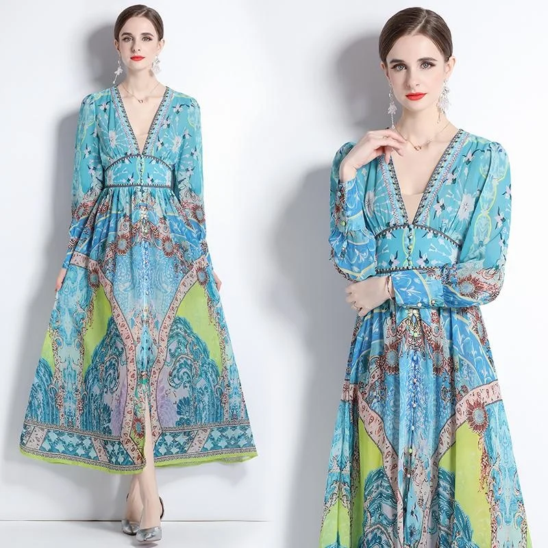 

Женское шифоновое платье с высокой талией, зеленое платье с цветочным принтом, V-образным вырезом и широкой юбкой, в этническом стиле, для отдыха