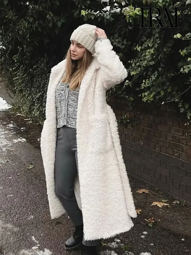 

TRAF 2023 Winter Solid Color Faux Fur Coat Women Long White Fluffy Warm Coat Lapel Sashes Loose Korean Fashion Outerwear