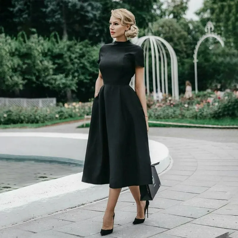 

2024 Elegant Black Dress Half High Collar High Waist A-Line Dresses Slim Fit Midi Dress Office Lady Female fashion Cozy Dress