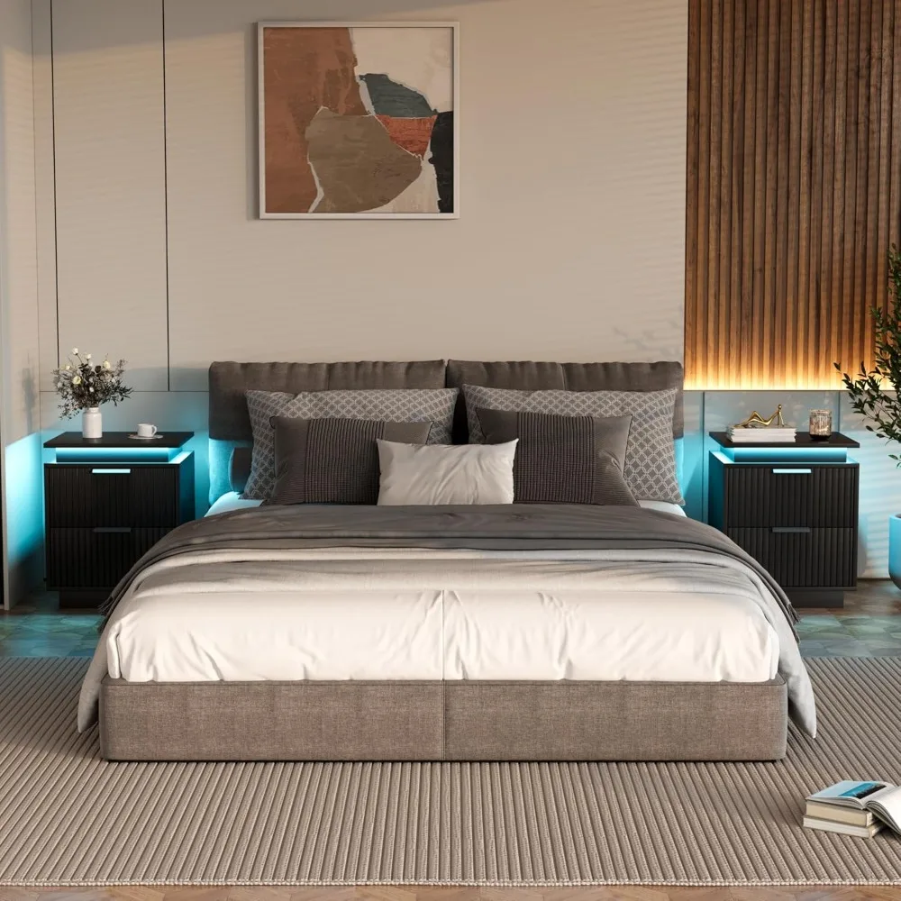 Nightstand with LED Light, Set of 2 Night Stand with Drawers, Black Bedside Table, Modern End Side Table for Bedroom 5