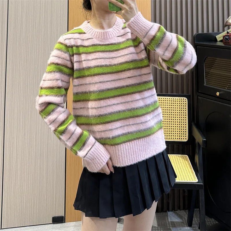 

Colorful StripeSoftGlutinousPullover Sweater for Women's 2023 Autumn/Winter New Gentle and Lazy Style Loose Design Feel Knitwear
