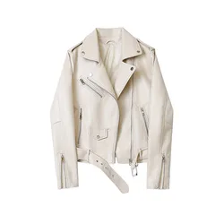 Ladies' Candy Color Belted Motorcycle Jacket with Detachable Epaulettes - S (Rice white)