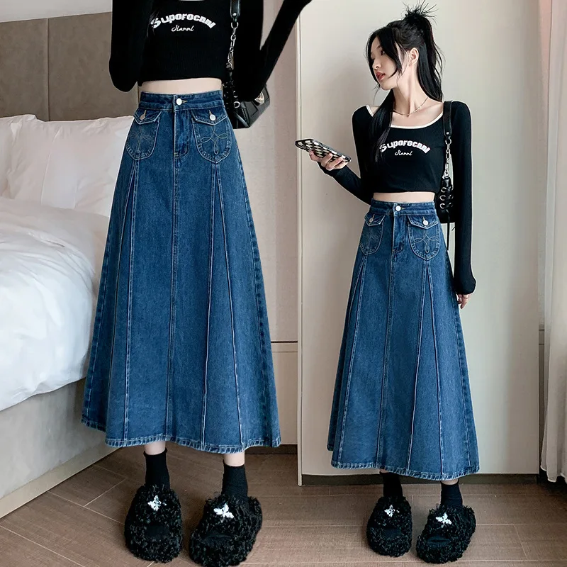 

Splicing High-waist Denim Skirt Medium-long 2023 Autumn New A-line Simple Classic Comfortable All-matching Jean Skirts for Woman
