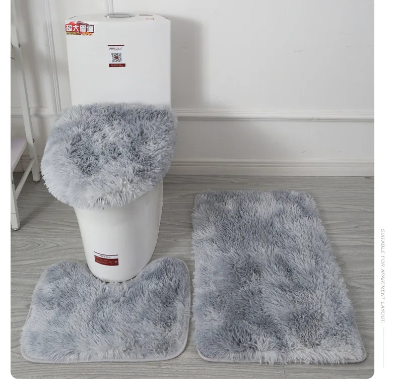 Carpet Toilet Three Piece Set, Tie Dyed Long Hair Anti Slip Foot Mat, Bathroom Water Absorption Set 2