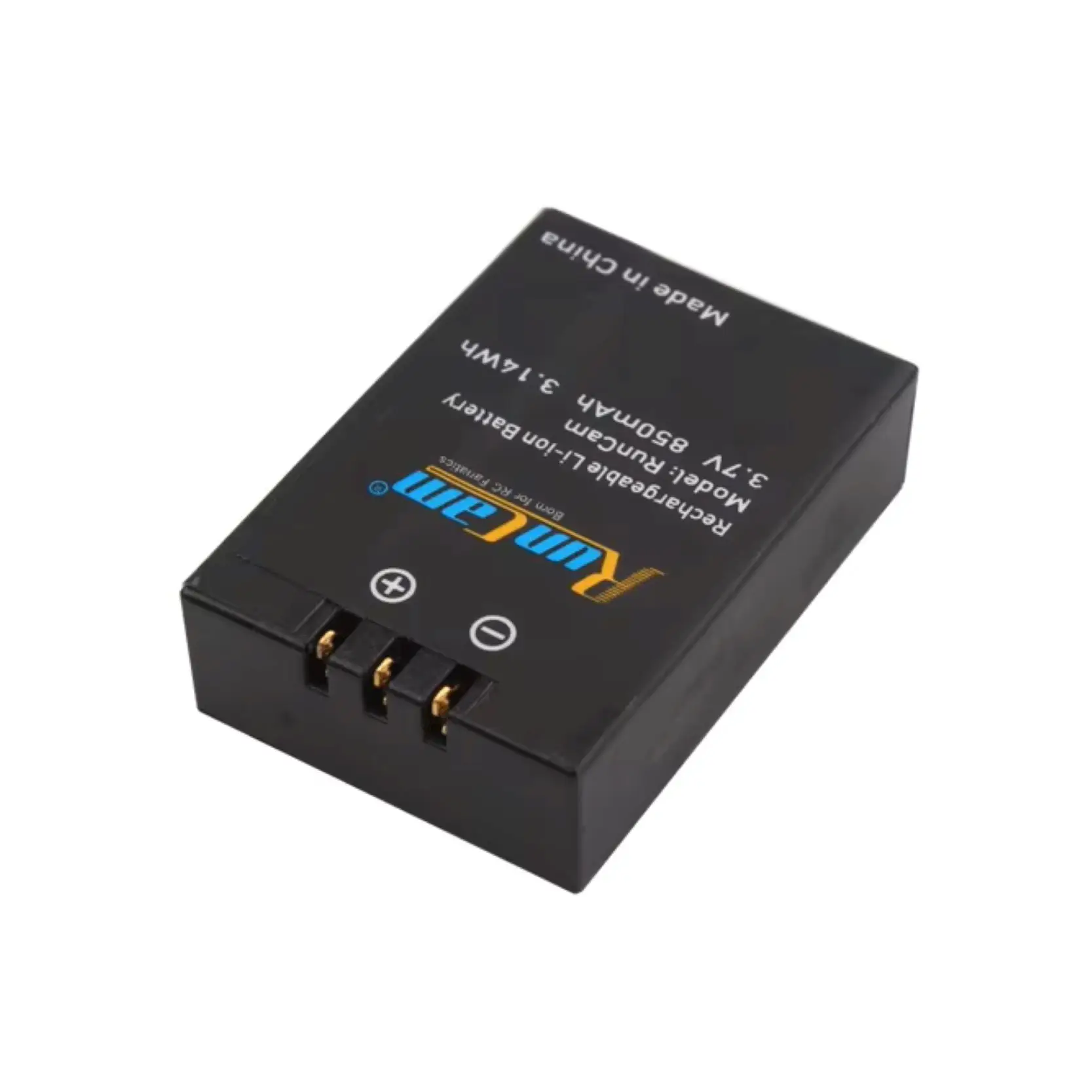Vue rapprochée de la batterie Li-ion RUNCAM 850mAh, avec étiquette indiquant la capacité et la tension.