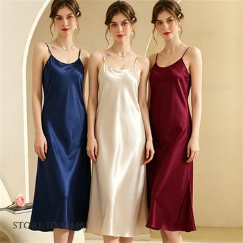 Sexy Suspender Nightgown Mujer Lingerie Summer New Long Nightdress Chemise Sleepwear Loose Silky Satin Women Homewear Loungewear