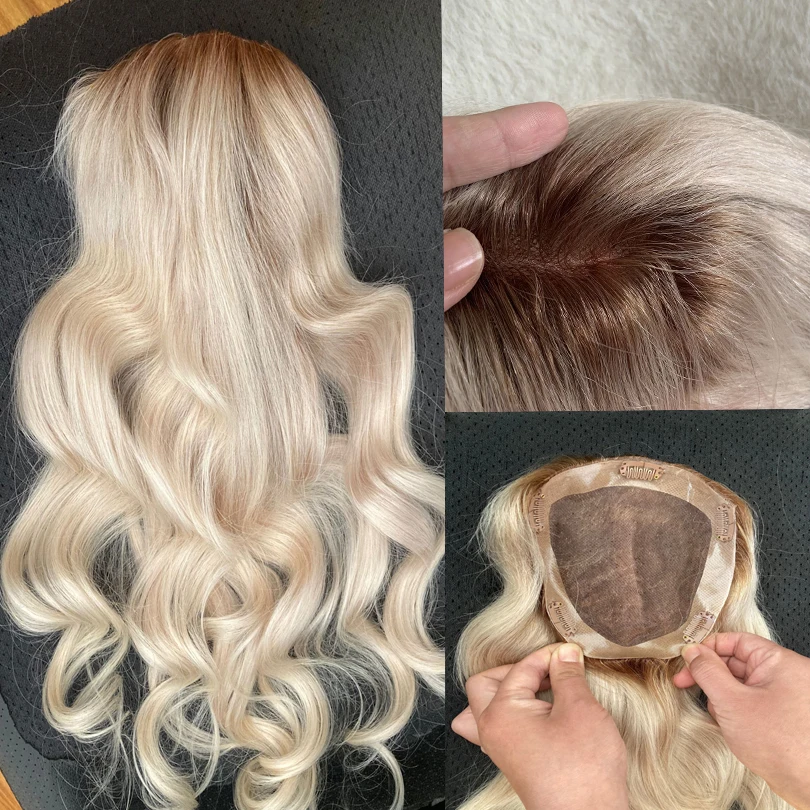 6-20inch Ombre Color Human Hair Topper Blonde PU mono Base 100% Remy Hair Hair Piece Skin Clip in 4/613 Toupee Hair For Women