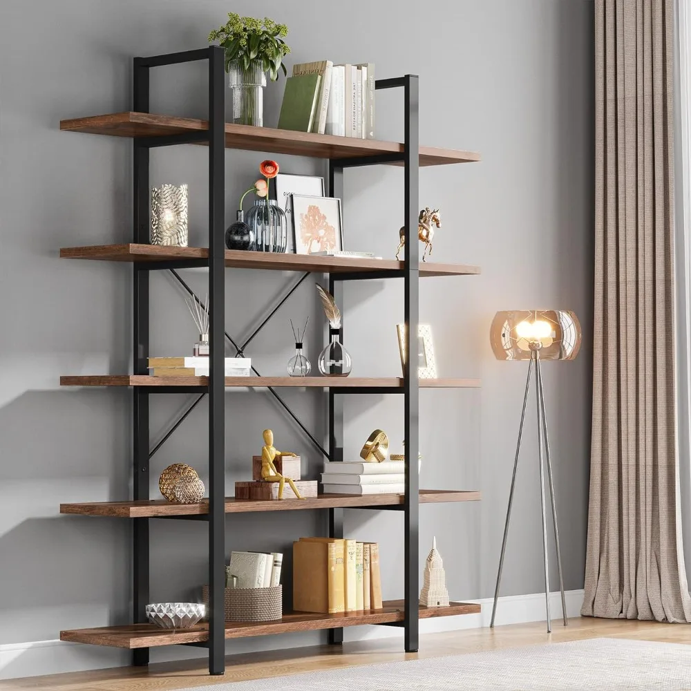 

Bookcases 5-Tier Bookshelf, Vintage Industrial Style 72 H X 12 W X 47L Inches, Bookcases