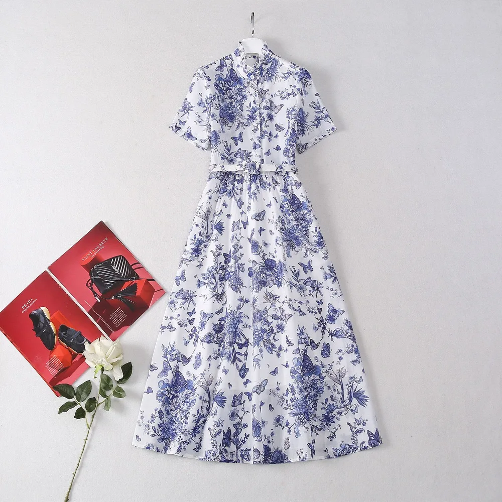 

Europe and the United States women's 2024 summer new Stand collar Short sleeve butterfly print belt fashion Pleated cotton dress