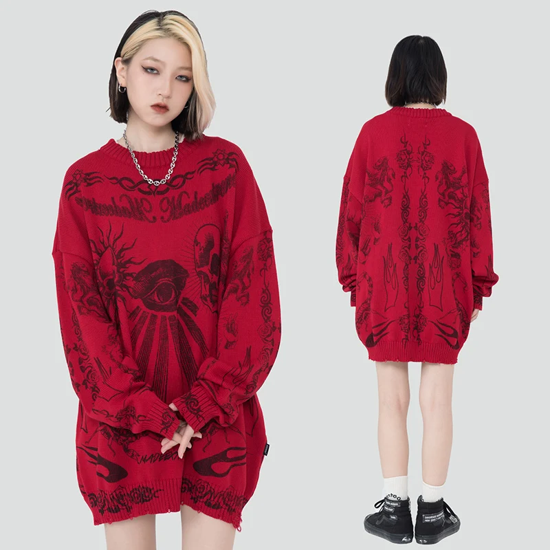 2025 힙합 니트 스웨터 streetwear 로즈 아이 전갈 프린트 찢어진 풀오버 남성 하라주쿠 코튼 캐주얼 가을 스웨터 해골