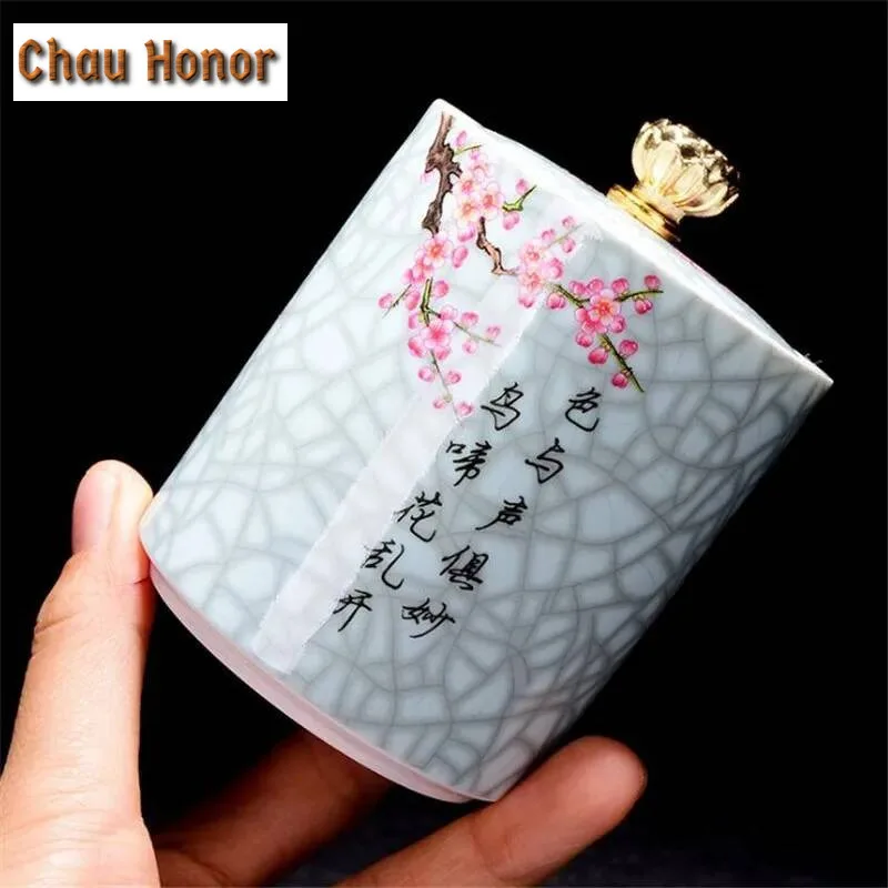Art Bird Porcelain Tea Caddy Flower Bird Tea Box Handmade Crackle Glaze Lotus Button China Ceramic Sealing Storage Container